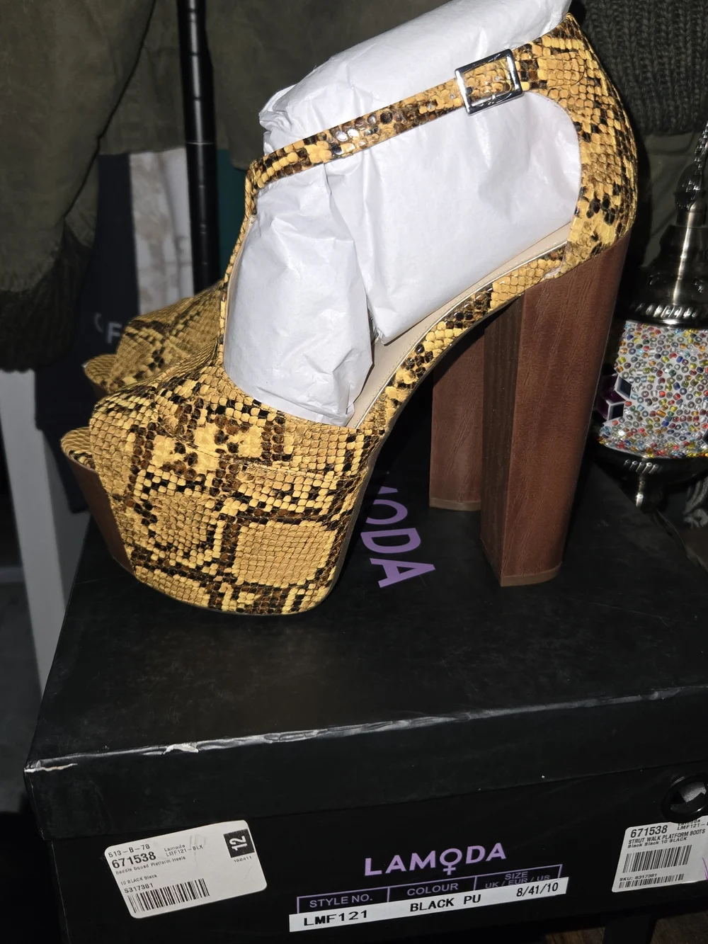 Jessica Simpson Dany Yellow Snake-Print Platform Heels with Wood-Look Block Heel